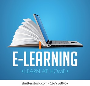 Computer as book knowledge base concept - laptop as elearning idea - stay at home and learn without going to school