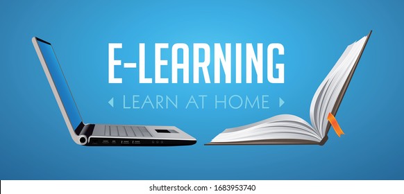 Computer as book knowledge base concept - laptop as elearning idea - stay at home and learn without going to school