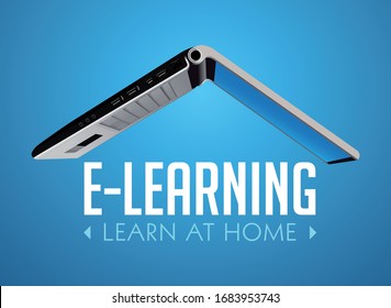 Computer as book knowledge base concept - laptop as elearning idea - stay at home and learn without going to school