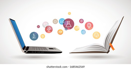 Computer as book knowledge base concept - laptop as elearning idea - stay at home and learn math, biology, history, geography, chemistry, physics, english