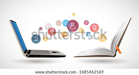 Computer as book knowledge base concept - laptop as elearning idea - stay at home and learn math, biology, history, geography, chemistry, physics, english