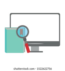 computer with book and magnifying glass over white background, vector illustration