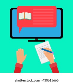 A computer with a book on a screen on a green background, the hand writing on a sheet of paper, the concept of online learning, vector illustration in flat style