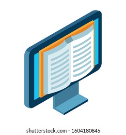 computer with book on screen over white background, vector illustration