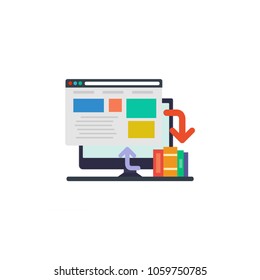 Computer with books. Flat design vector illustration.