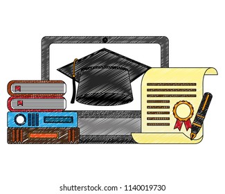 computer books graduation hat certificate and fountain pen