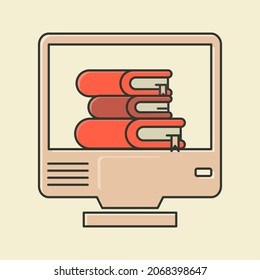Equipo con icono Libros. Aprendizaje en línea, educación, concepto de ebook. Ilustración de estilo plano. Aislado.