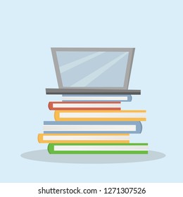 Computer and books learning online. Flat cartoon style vector illustration.