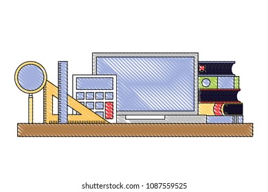 computer books ruler calculator on wooden shelf