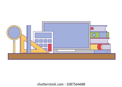 computer books ruler calculator on wooden shelf