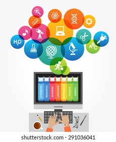 Computer with books surrounded by icons of science. Concept  e-learning. Online education idea. This illustration contains a transparency