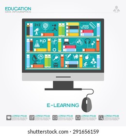 Computer with books surrounded by icons of science. Concept  e-learning. Online education idea. This illustration contains a transparency