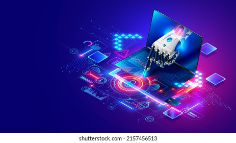 Computer bot hacks firewall on laptop. Cybersecurity, antivirus, personal data protection. Remote computer administration system. Artificial intelligence, AI protects data on PC. Cyber safety concept.