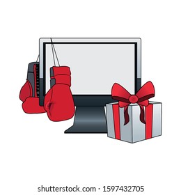 computer with boxing gloves and gift box over white background, colorful design, vector illustration