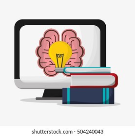 Computer brain bulb and books design