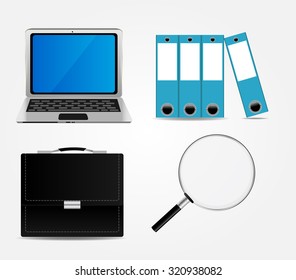 Computer, Briefcase, Magnifying Glass, Folders Icon Vector Illustration EPS10