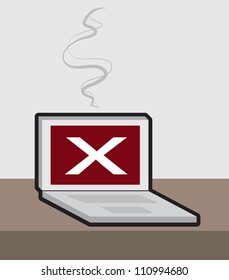 Computer broken with large "X" on screen and smoke.