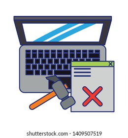 computer and broken web site and tools icon cartoon vector illustration graphic design