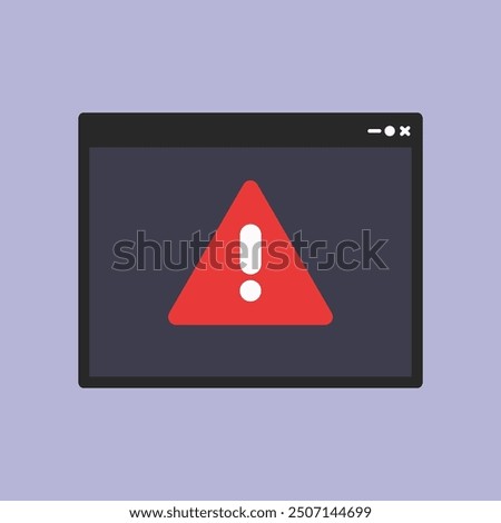 Computer browser screen with warning virus alert. Technology, website error, internet problem, malware, hacking, scam, fraud concepts. Flat vector design isolated illustration.