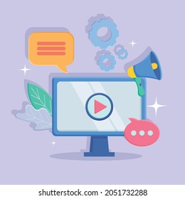 computadora con burbuja de tema de marketing digital