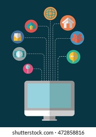 computer bubble lupe camera email cloud social network communication media con. Colorful and flat design. Vector illustration