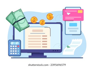 Computer with budget planning list, money, calculator, credit card, check vector illustration. Income and expenses, finance, budget management concept