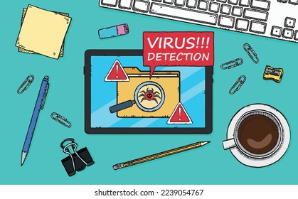 A computer bug detected on the tablet's screen along with a sign informing of the danger and a caption. The virus was located in a data folder. Vector hand drawn illustration.