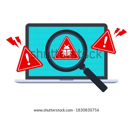 Computer bug detection icon. System error warning on a laptop. Emergency alert. Scanning for malware, virus, scam, or bug with a magnifying glass. Antivirus concept. Illustration with the flat style.