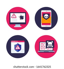 computer bug, email with virus, mobile spam, malware and cyber attack vector icons