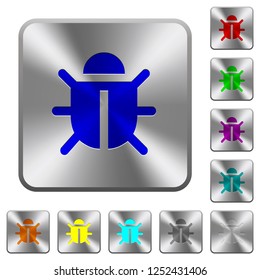Computer bug engraved icons on rounded square glossy steel buttons
