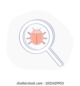 Computer bug find icon, error, bug or scam detected, thread, malware scan with magnifier. Cute beetle under observation through a magnifying glass. Flat outline vector icon concept.
