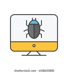 Computer bug find icon, error, bug or scam detected, thread, malware scan with magnifier. Malware on computer display. Virus computer bug icon. Bug, computer, alert, analysis, analyze, anti, antivirus