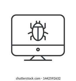 Computer bug find icon, error, bug or scam detected, thread, malware scan with magnifier. Malware on computer display. Virus computer bug icon. Simple design. 