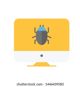 Computer Bug Find Icon, Error, Bug Or Scam Detected, Thread, Malware Scan With Magnifier. Malware On Computer Display. Virus Computer Bug Icon. Simple Design. 