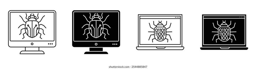 Computer bug icon collection in black and white filled and solid vector style.