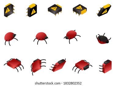 Computer Bug Isometric Icon Set Isolated On White. Symbols Of Digital Virus And Glitch. Vector Data Danger Concept Illustration.