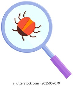 Computer bug in magnifying glass. Sign for mobile concept and web design. Software virus simple logo illustration. Antivirus web protection and computer security concept. Error, bug or scam detected