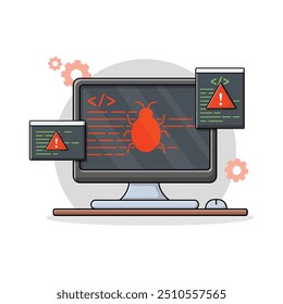 Computer with Bug Sign Vector Illustration. Malware Virus Attack Concept Design