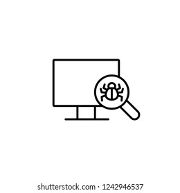 computer bug virus searching symbol; computer with bug and magnifier loupe line black icon on white background