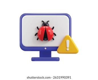 bug de computador com ícone de símbolo de aviso conceito de renderização 3d de malware antivírus de computador, ícone de alerta de segurança de computador ilustração vetorial