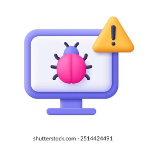 Computador com bug com símbolo de aviso, triângulo com ponto de exclamação. Vírus de computador, malware, alerta de bug, conceito de segurança cibernética. ícone de vetor 3d. Estilo mínimo de desenho animado.