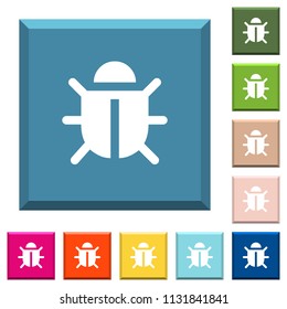 Computer bug white icons on edged square buttons in various trendy colors