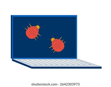 Computer bugs crawling on laptop screen 2D cartoon object. Software viruses glitches. Cybersecurity. Malware insects notebook isolated element flat vector clip art on white. Spot illustration