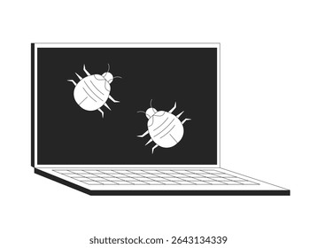 Computer bugs crawling on laptop screen 2D line object. Software viruses glitches. Cybersecurity. Malware insects notebook isolated clipart vector ink outline item. Monochrome spot illustration