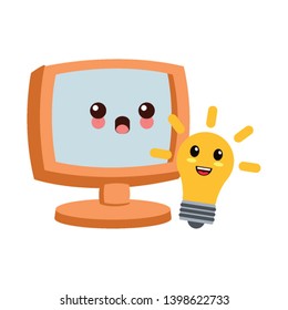 Computer and bulb light idea kawaii cartoon