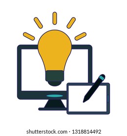 computer with bulb light and tabler with pen