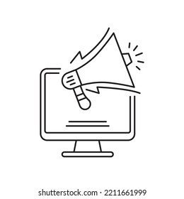 Computadora con ilustración vectorial de bullhorn en estilo de línea en fondo aislado adecuado para icono de publicidad digital