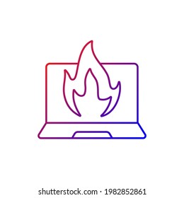 Computer burning gradient linear vector icon. Hardware crash, overheating issue. Burning laptop, PC problems. Thin line color symbols. Modern style pictogram. Vector isolated outline drawing