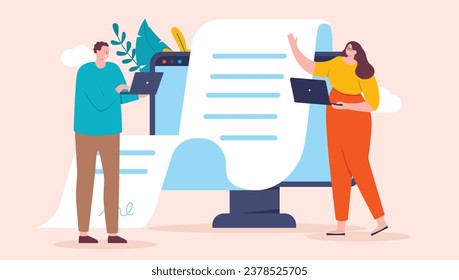 Documento de negocios para computadoras - Personas en el cargo trabajando con un largo informe de archivo de texto en papel o contrato saliendo de la pantalla de escritorio. Ilustración vectorial de diseño plano