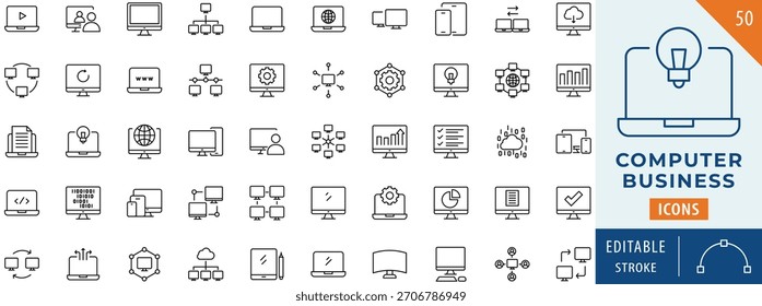 Conjunto de colección de icono de negocio de computadora. Trazo editable.